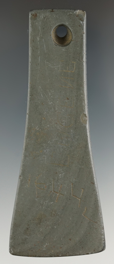 4 3/16" Adena Bell Pendant found by Eugene Millet in Erie Co., Ohio. The finder carved his name