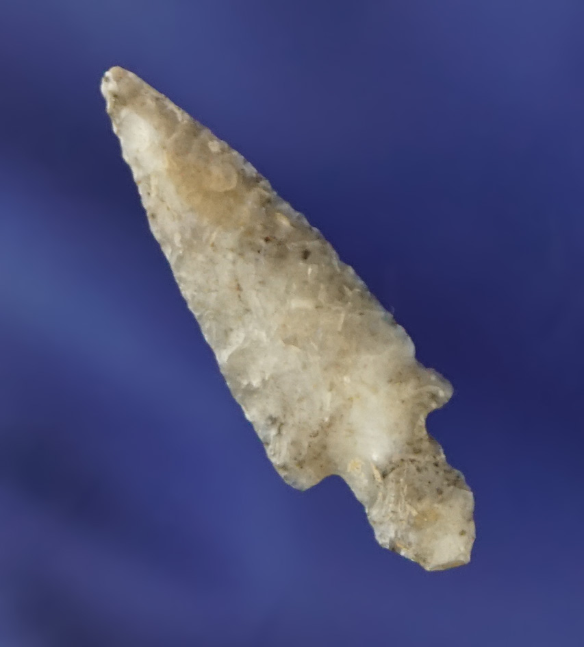 1" Dagger point made from gray and white mottled Flint that is well flaked. Columbia River.