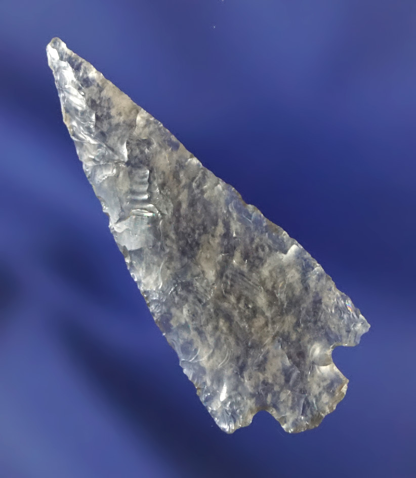 Beautifully styled and nicely flaked 1 5/8" translucent clear Obsidian Stem Point - Oregon.