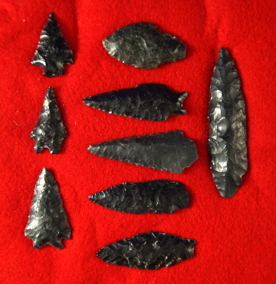 Nice set of nine assorted Obsidian arrowheads found in Oregon. Largest is 3".
