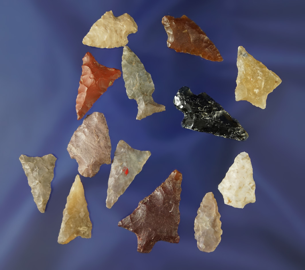 Set of 13 assorted Columbia River arrowheads, largest is 1 1/16".