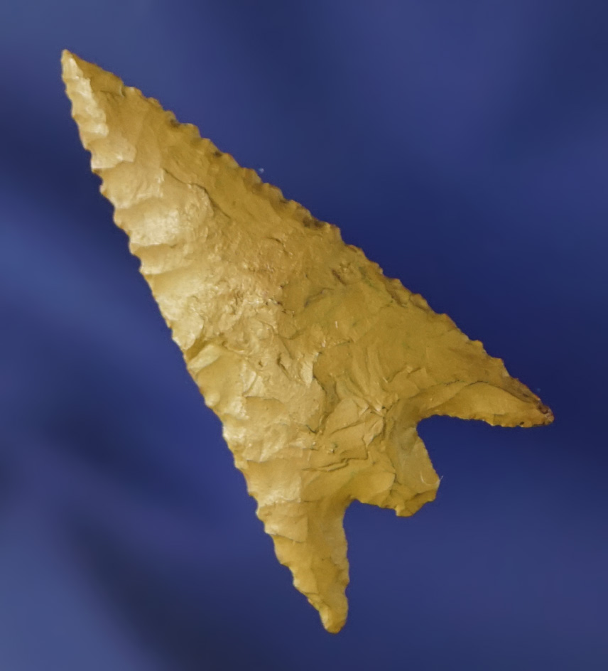 Nice flaking and style on this 1 7/16" yellow Jasper Gunther in excellent condition.  Oregon.