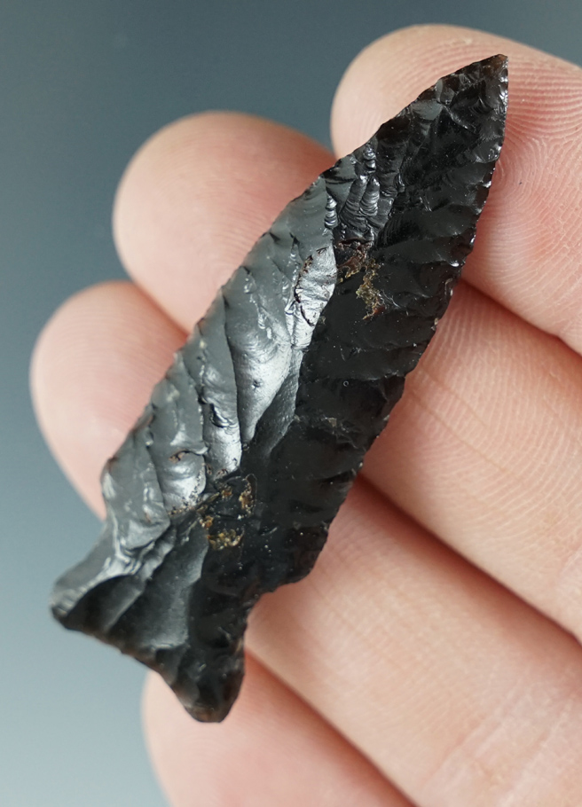 2 1/8" Sidenotched Point made from Obsidian. Found in the Great Basin, Oregon.