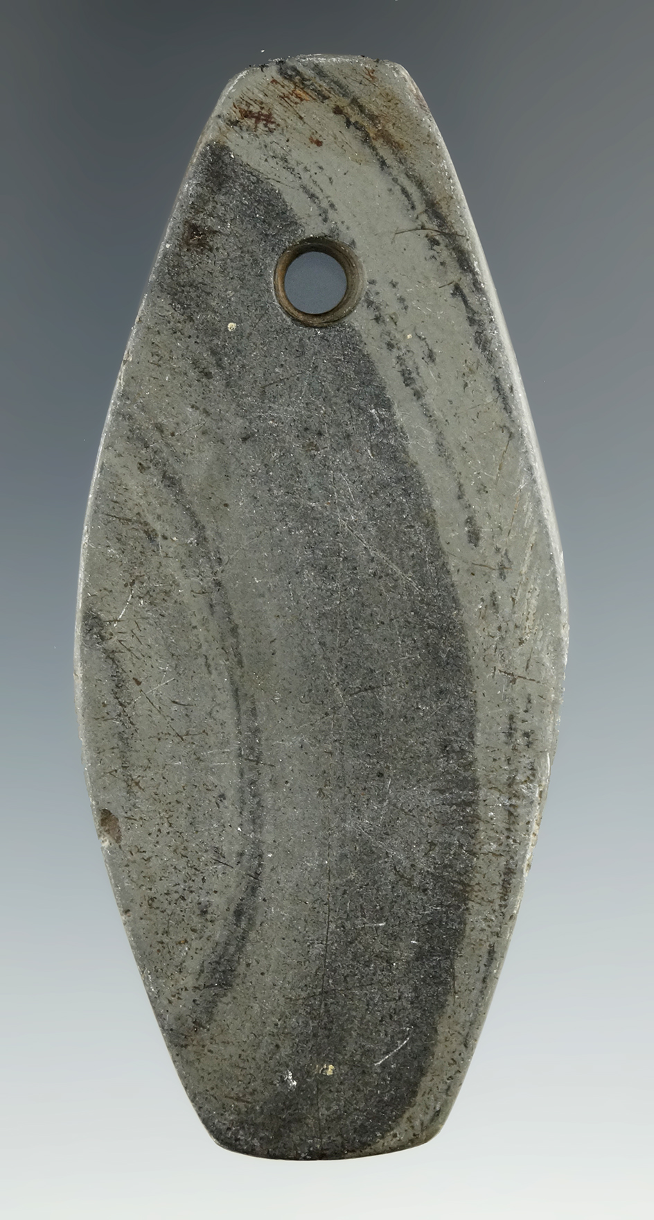 3" Miniature Mississippian Pendant made from green and black Banded Slate, Hamilton Co., Ohio.