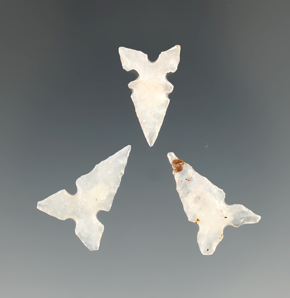 Set of three Toyah points made from high-quality semi translucent chalcedony found in Texas.