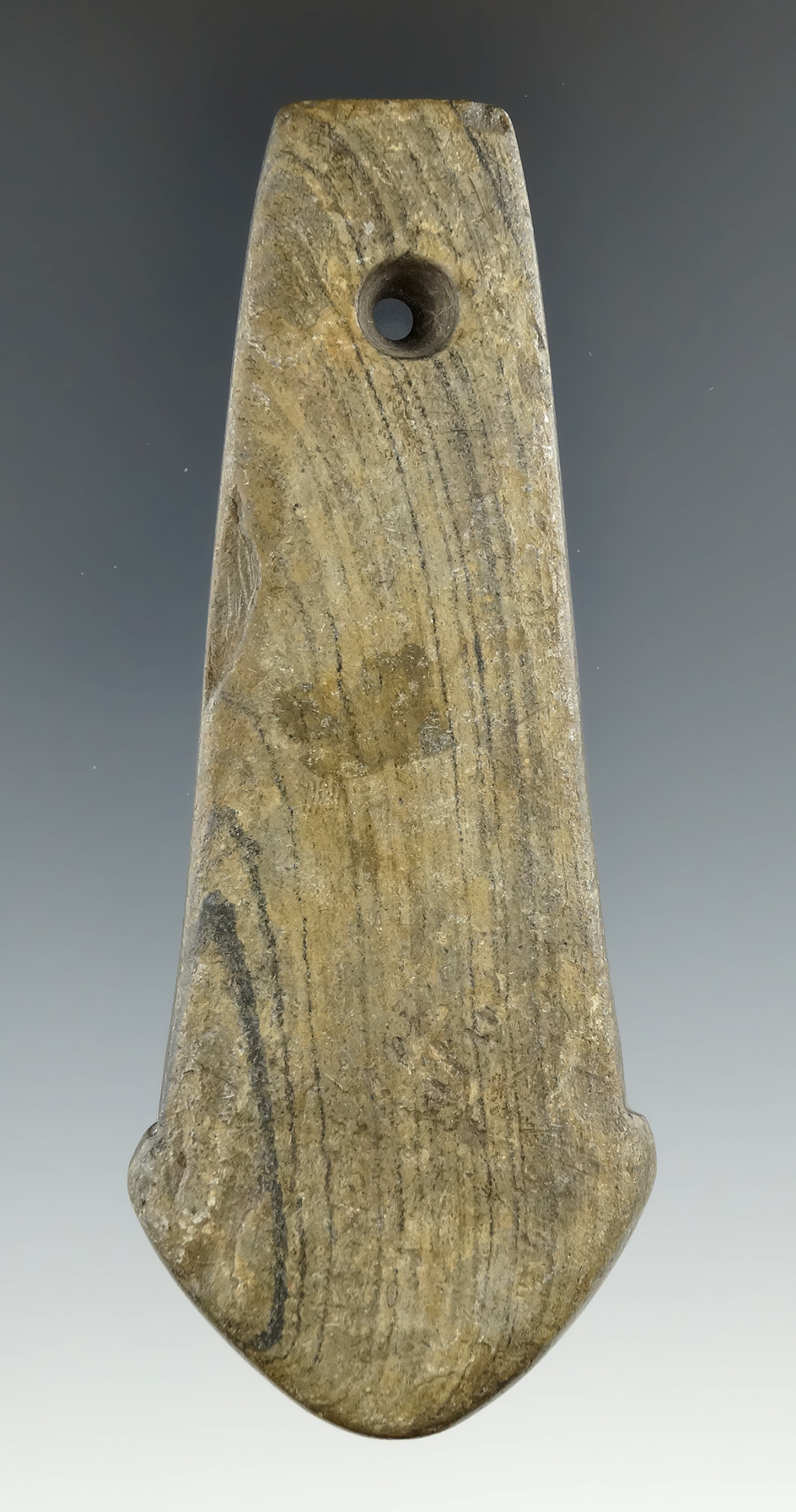 3 13/16" Adena Anchor Pendant made from Banded Slate, found in Ross Co., Ohio. Ex. Stan Copeland.