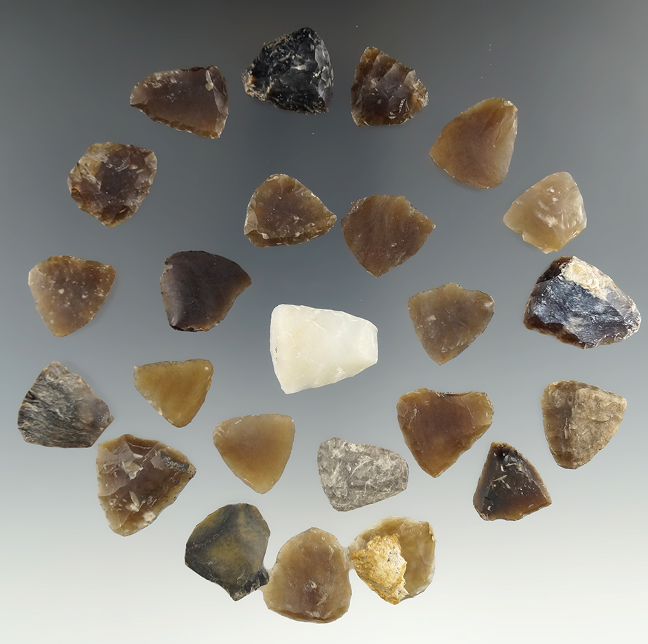 Group of mostly Knife River Flint scrapers found in the Plains region. Largest is 1".