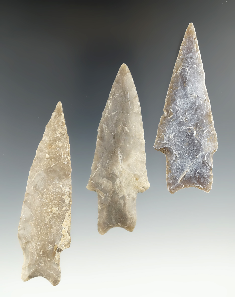 Set of three Pedernales points found in Texas, largest is 3 1/2".