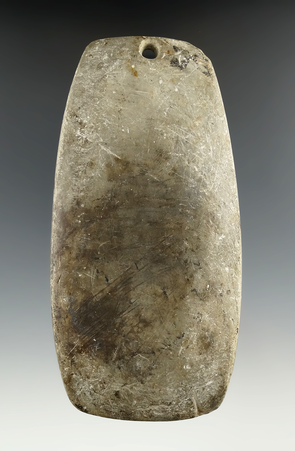 4 3/4" Adena Trapezoidal Pendant made from Banded Slate. Andover Twp., Ashtabula Co., Ohio.