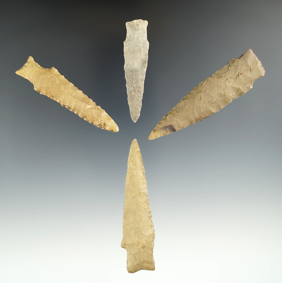 Set of four Darl points in nice condition found in Texas, largest is 2 13/16".