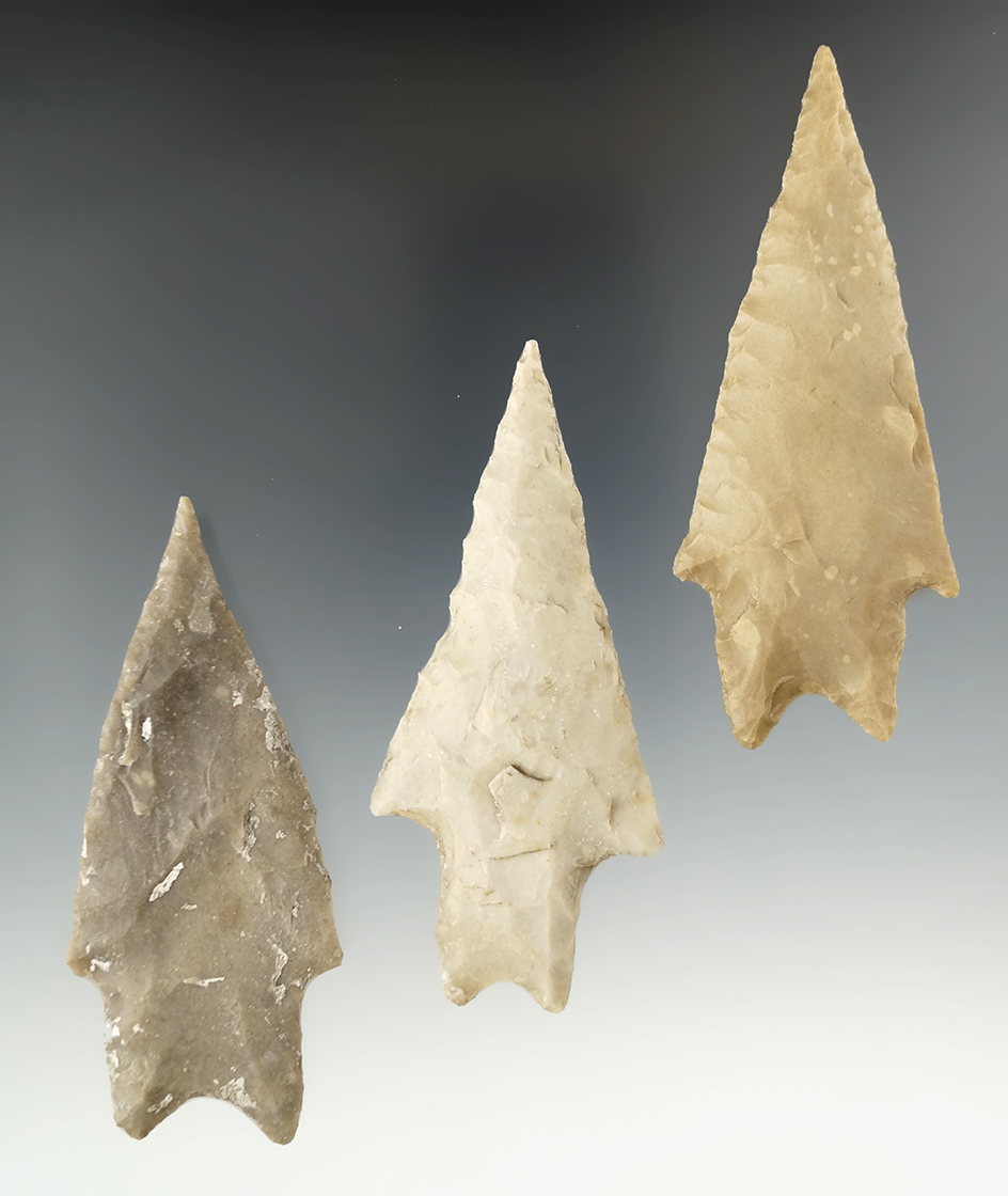Set of three very nice Pedernales points found in Texas, largest is 3 3/16".