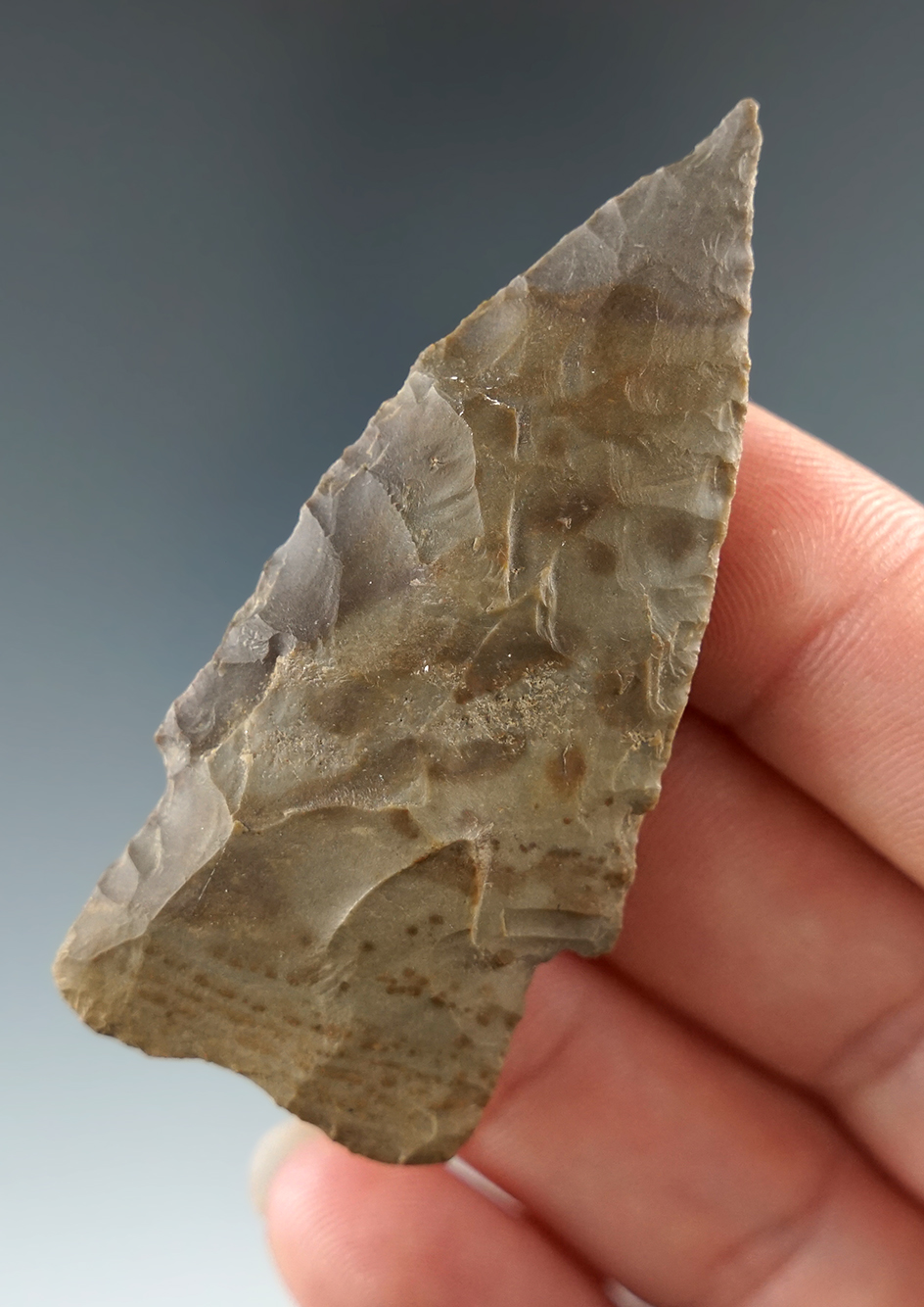 2 7/16" Stemmed dart point found by David Rich in the 1960s in Wayne Co., Tennessee.