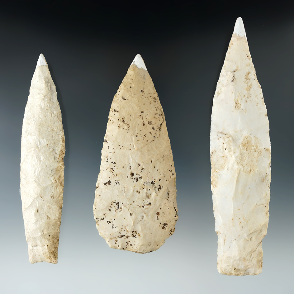 Set of three flaked Artifacts from Illinois and Iowa with restoration to the tip areas.