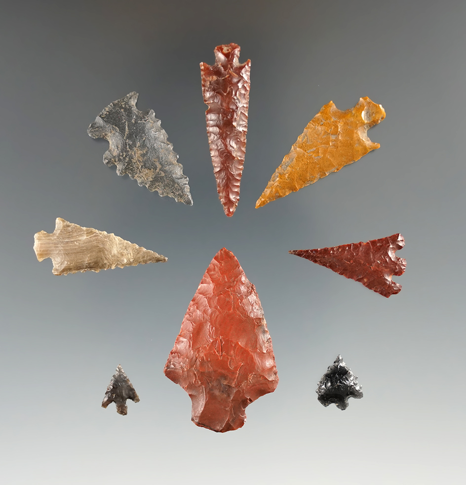 Set of 8 nice arrowheads found in the Klickitat Co., Washington, largest is 1 7/16".