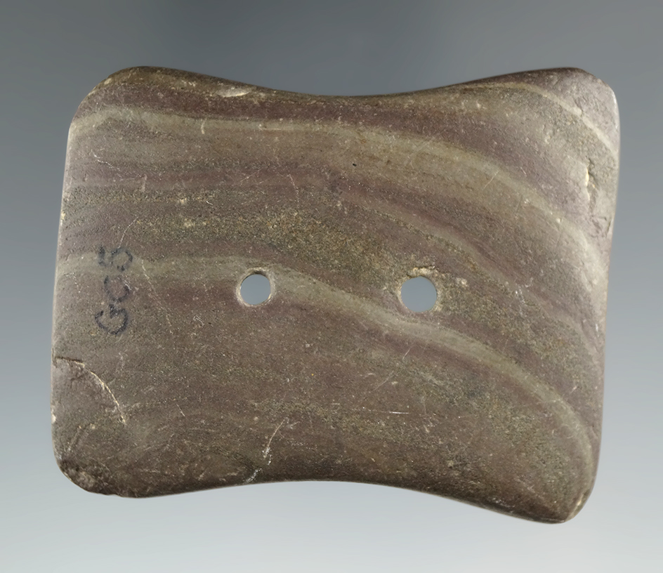 2 1/4" Adena Bi-Concave Gorget made from red and green Banded Slate, found in Ohio.