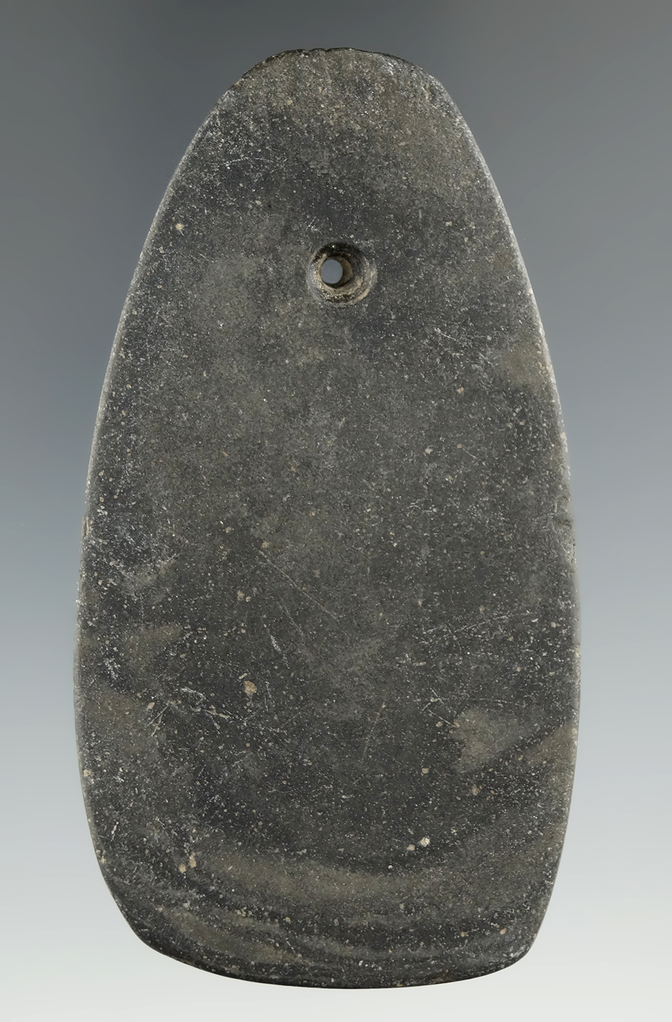 3 3/16" Hopewell Pendant with tallies. Mottled Slate. Found in Champaign Co., Ohio.  Bennett COA.