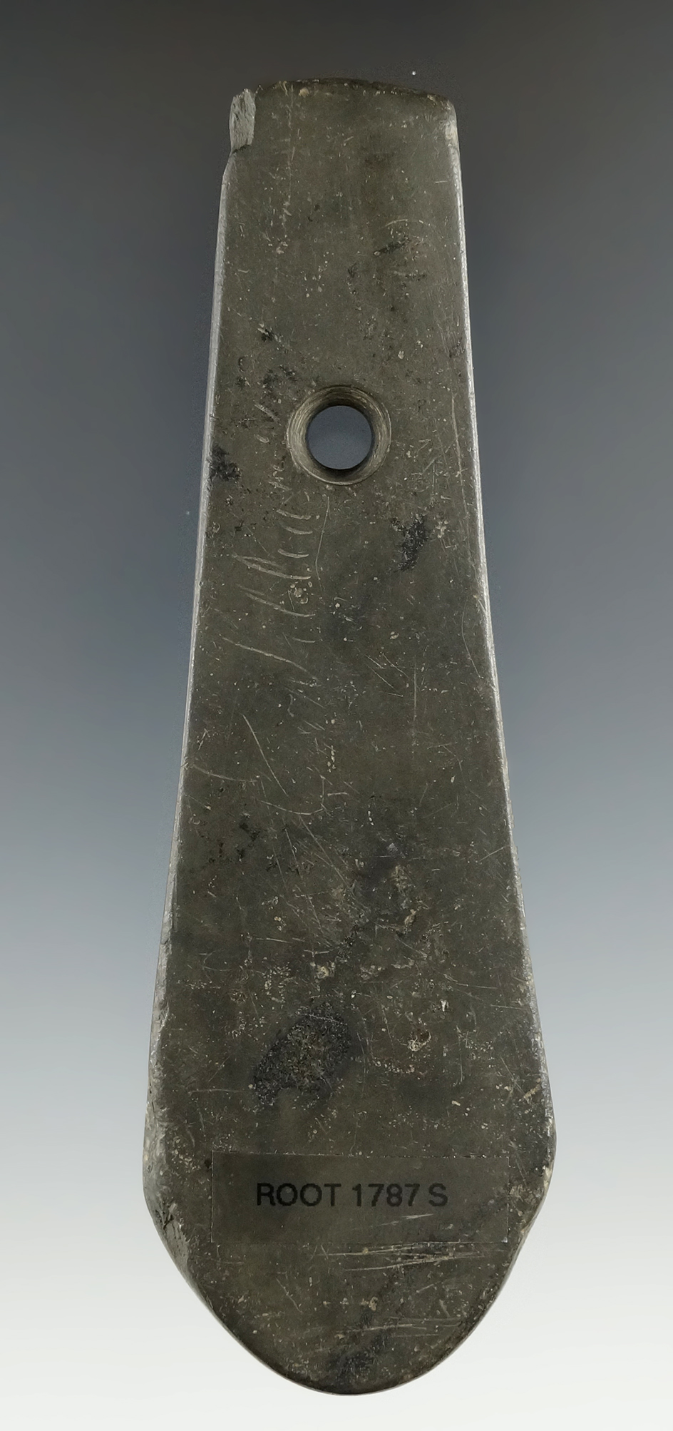 4 9/16" Adena Keyhole Pendant made from green and black Mottled Slate. Ex. Gilbert Dilley Collection