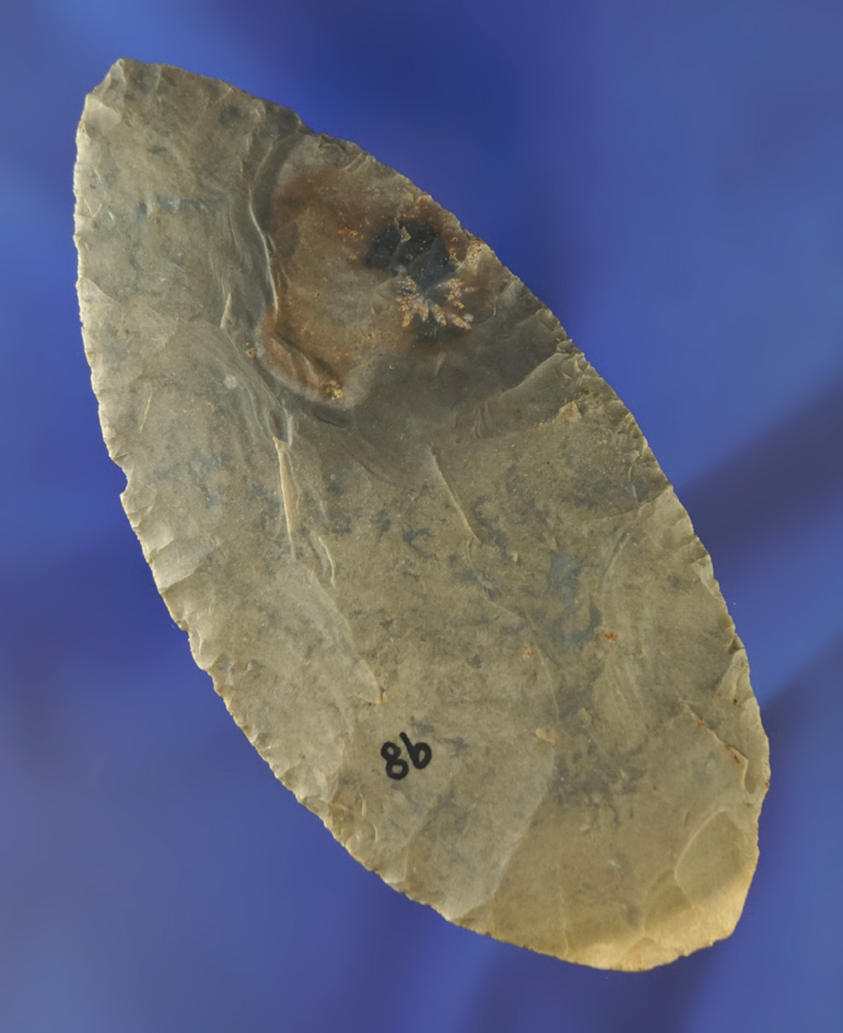 4 11/16" thin and exceptionally well flaked Hornstone red ochre culture blade - Fort Recovery, Ohio.