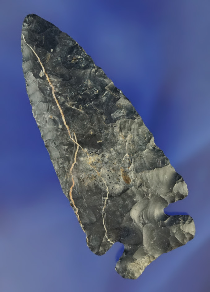 3 15/16" classic style Archaic Thebes with nice lightning streak found in Coshocton Co.,  Ohio.