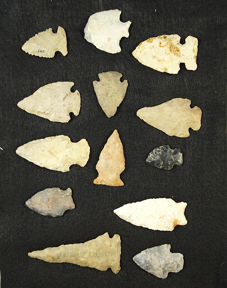 Set of 13 assorted arrowheads found in Ohio, largest is 3 3/16th".