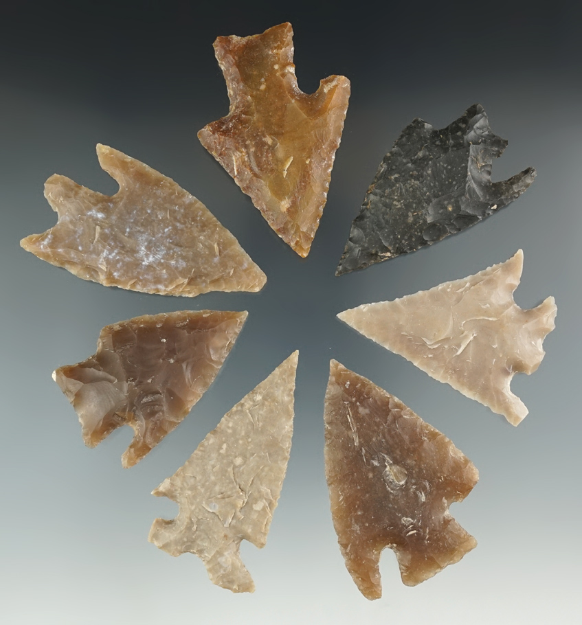 Set of seven assorted Texas points in various conditions. Largest is 2 9/16".