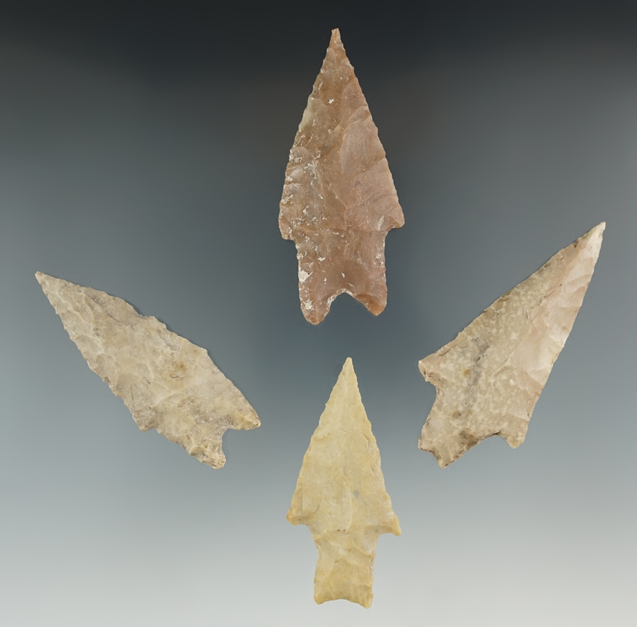 Set of four Pedernales Points found in Texas, largest is 3".