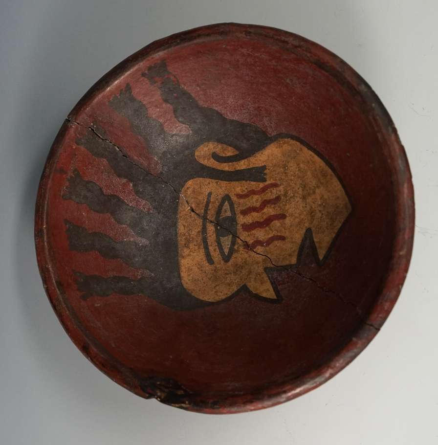 6" Pre-Columbian pottery bowl - broken in half and reattached with minor restoration - Peru.
