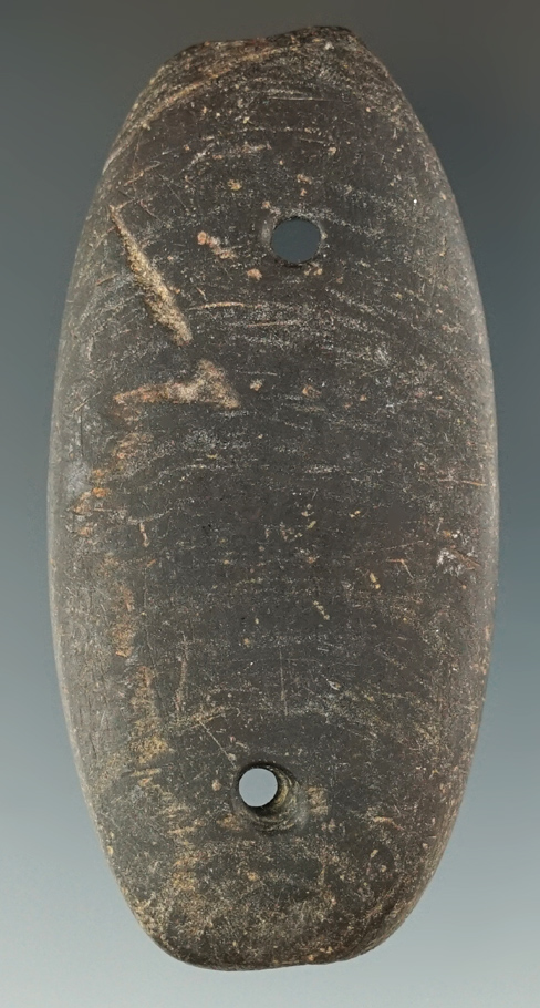 2 13/16" Glacial Kame Bar Gorget made from red and black Banded Slate, Wayne Co., Ohio.