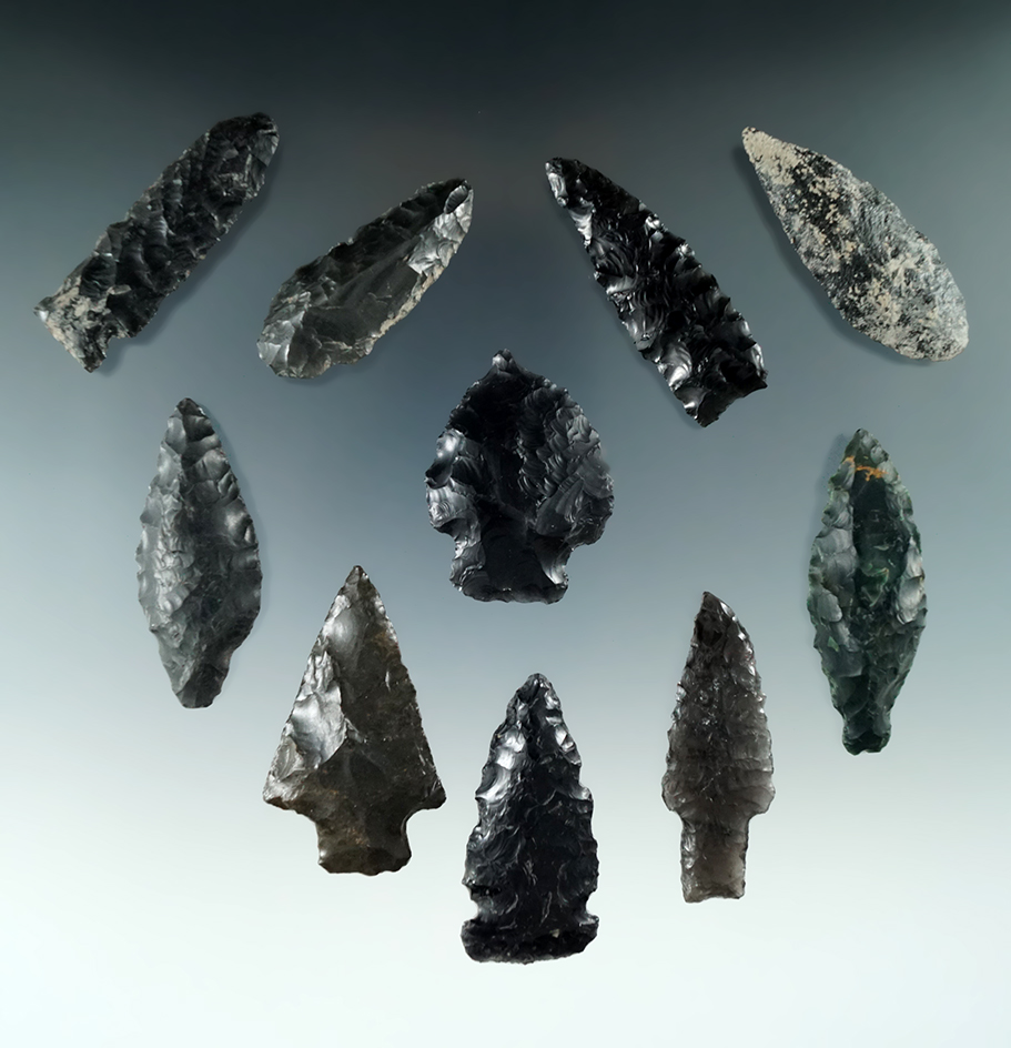 Group of 10 assorted Obsidian artifacts found in the Great Basin Region, largest is 2 1/8".
