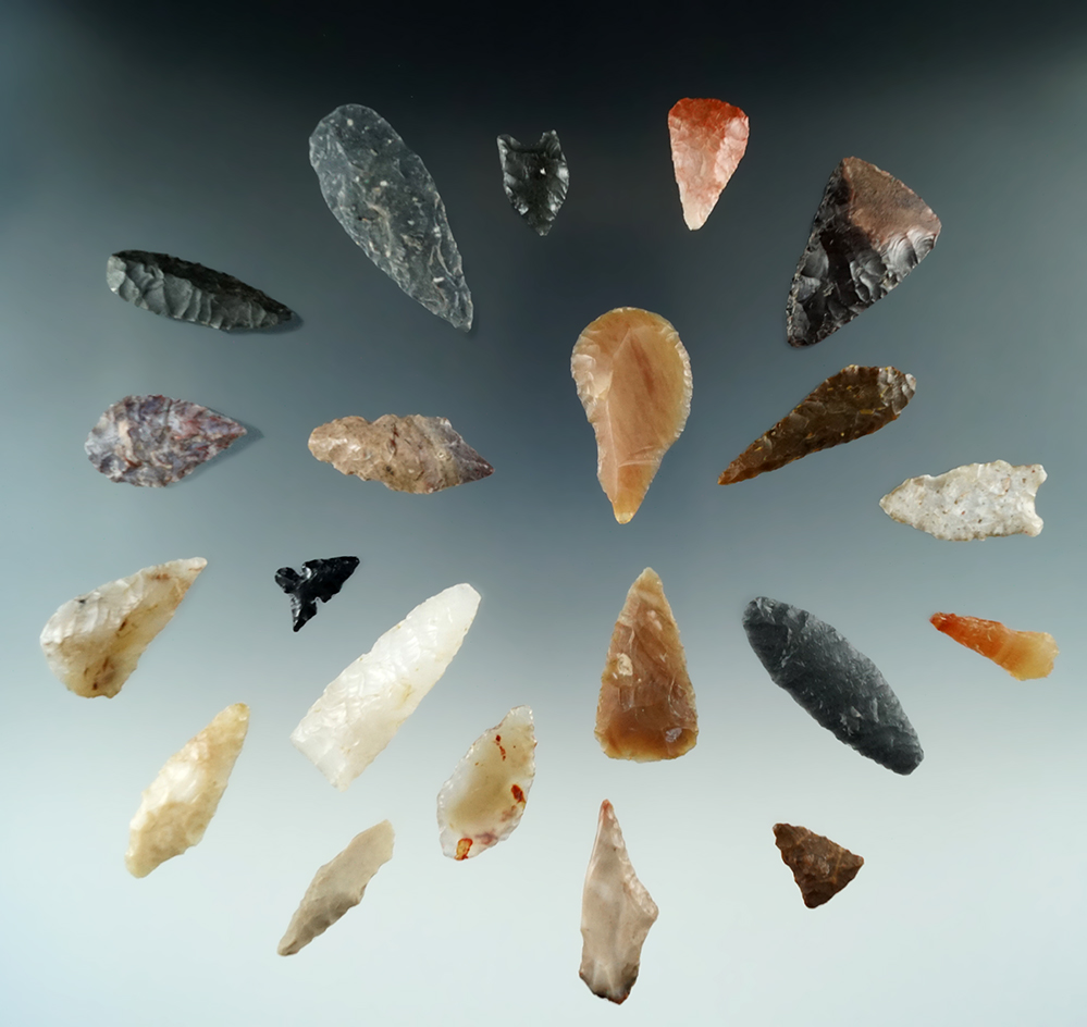 Group of assorted points, Knives and scrapers found near the Columbia River. Largest is 1 7/8".