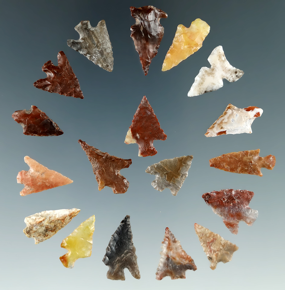 Group of 18 assorted Columbia River arrowheads found in Washington, largest is 7/8".