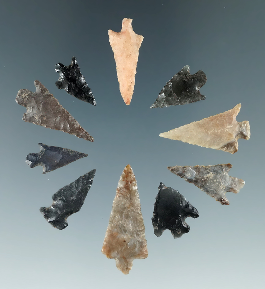 Group of 10 Columbia River arrowheads found in Washington, largest is 1 3/16".