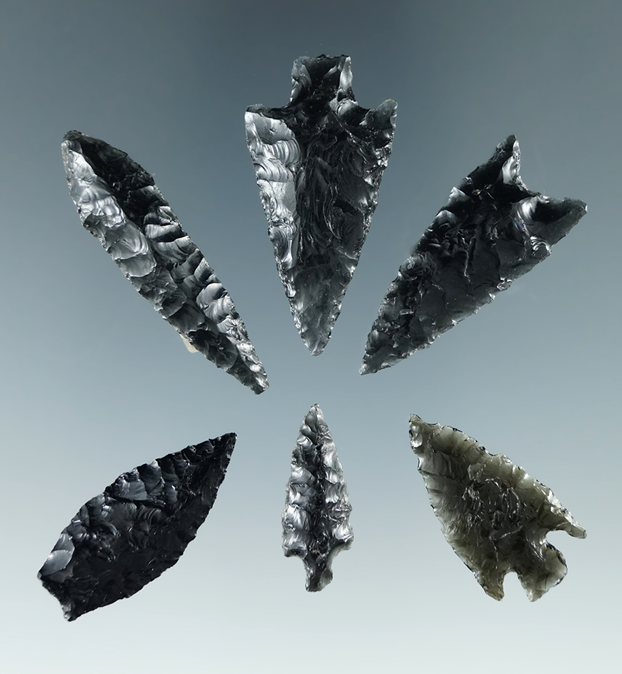Set of six Obsidian arrowheads found in Oregon, largest is 1 5/8".