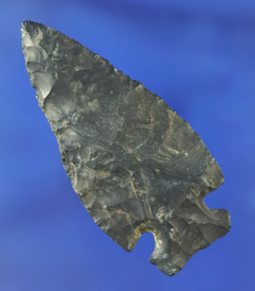 2" thin and well flaked Coshocton Flint Intrusive Mound point found in Ohio.