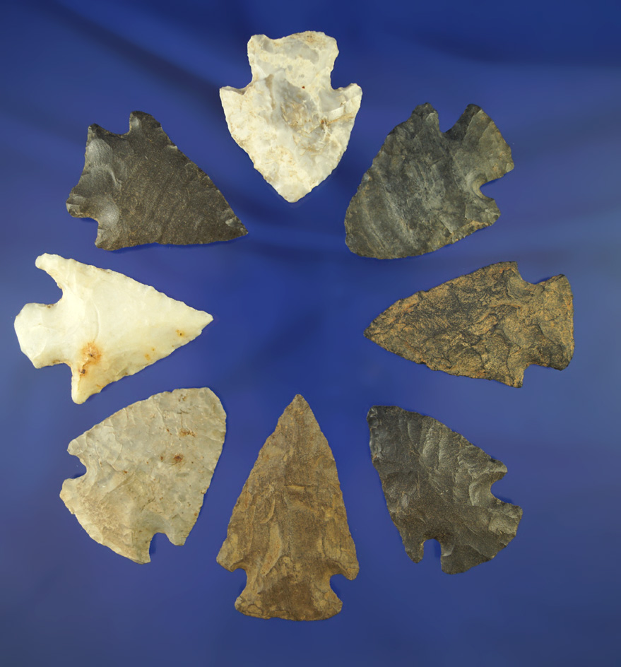 Set of eight assorted Midwestern arrowheads in good condition, largest is 2 3/8".