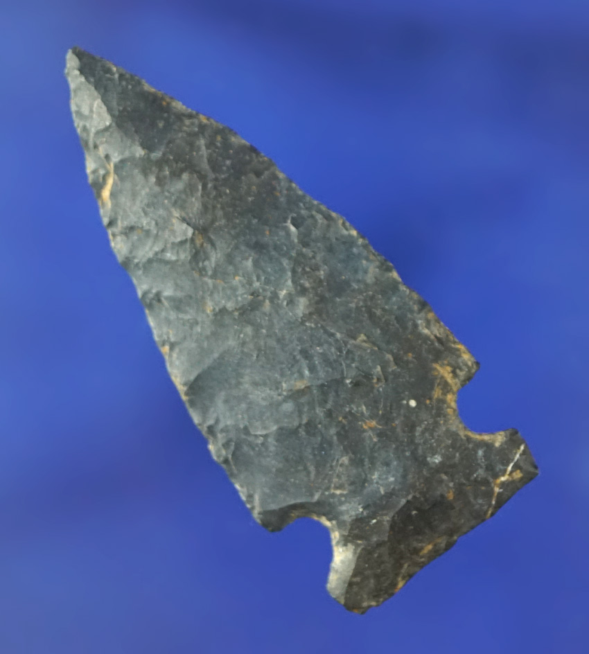 1 7/8" Coshocton Flint Intrusive Mound Sidenotch point found in Ohio.