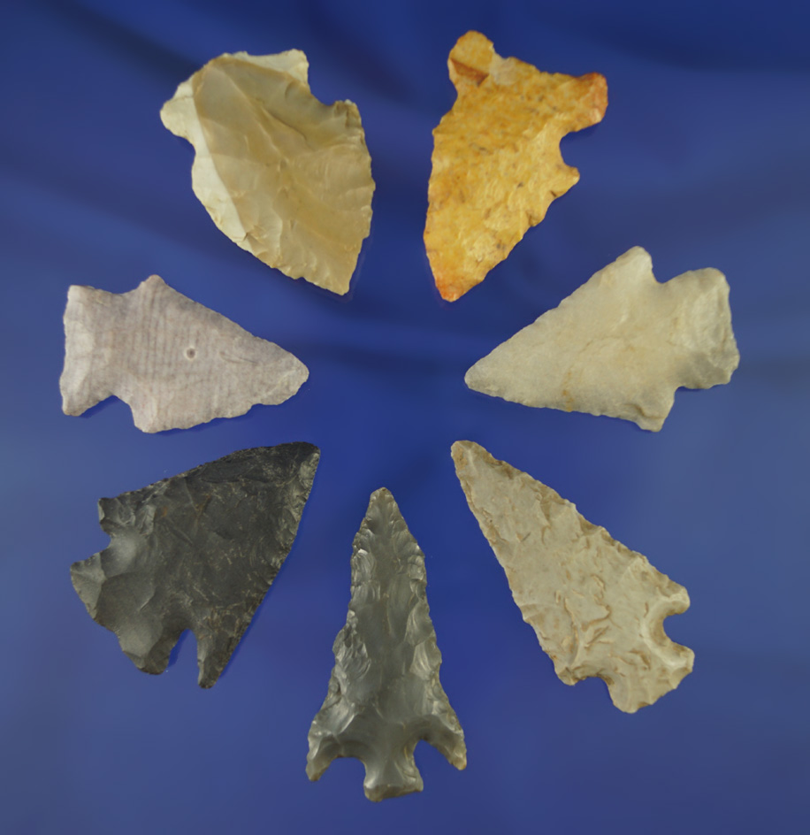 Group of seven assorted Midwestern arrowheads, largest is 2 3/16".