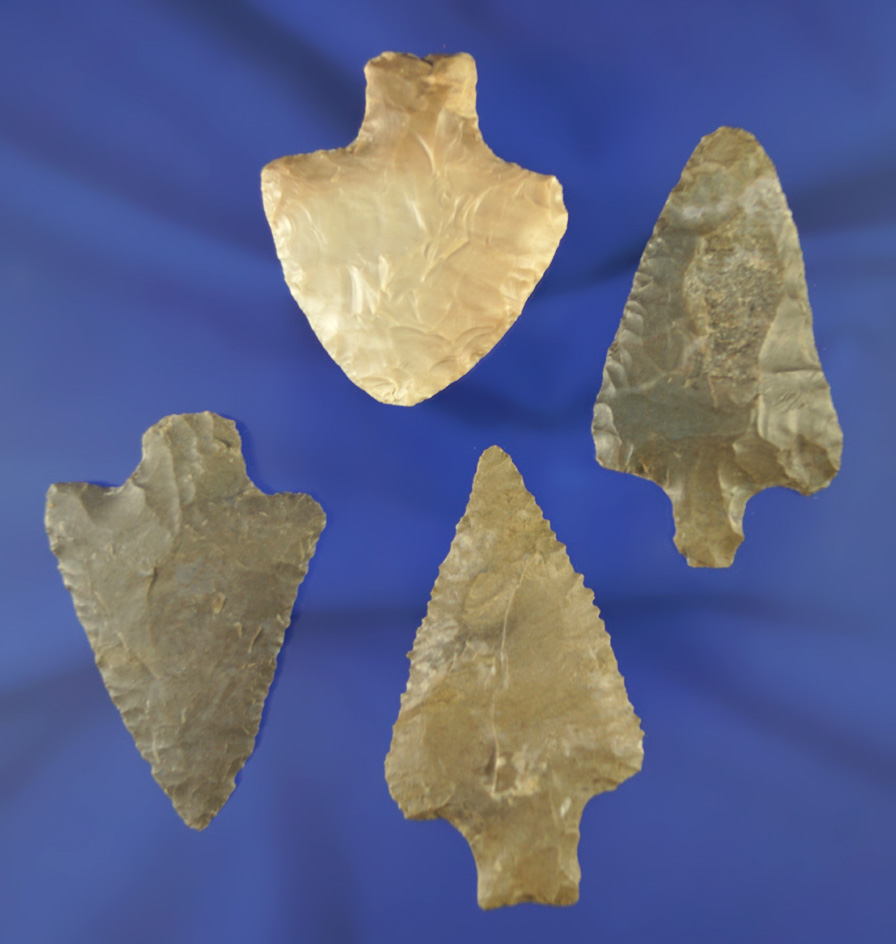 Set of four Cotaco Creek arrowheads found in Kentucky, largest is 2 1/8.