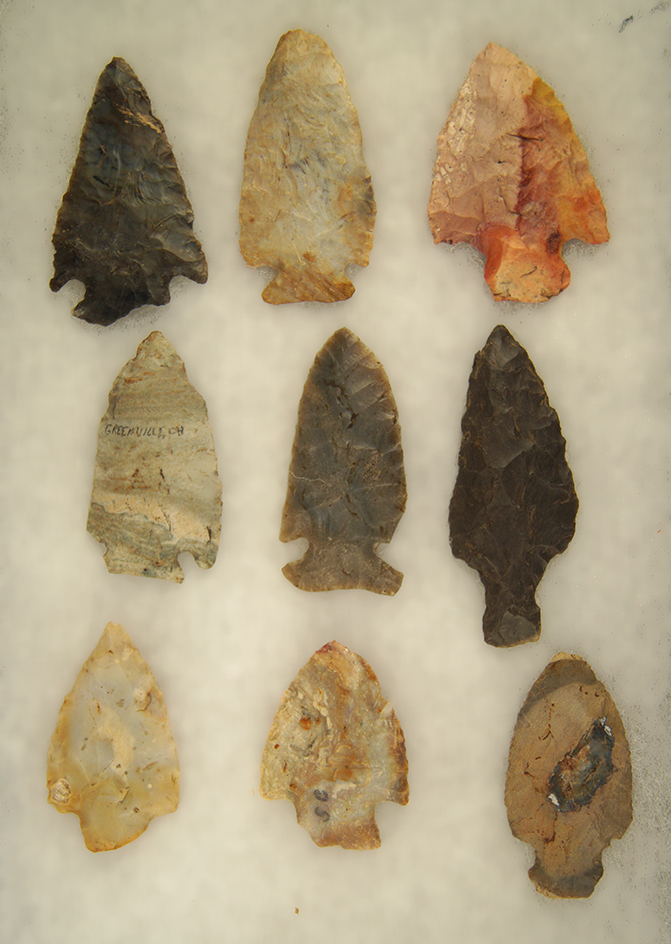 Set of nine assorted Arrowheads from the Midwest. Ex. R. Thiebeau. Largest is 3 1/2".