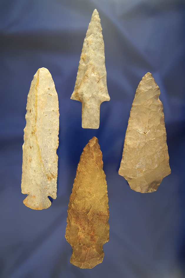 Set of four Arrowheads from various locations in the Midwest, largest is 4 1/2".