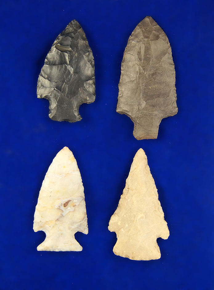 Set of four nice Ohio Arrowheads. Ex. R. Thiebeau. Largest is 2 7/8".