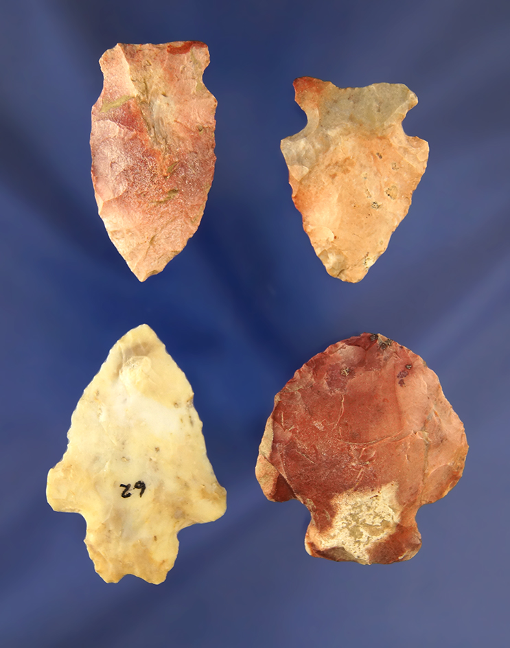 Set of 4 colorful Flint Ridge Flint Arrowheads found in Ohio.