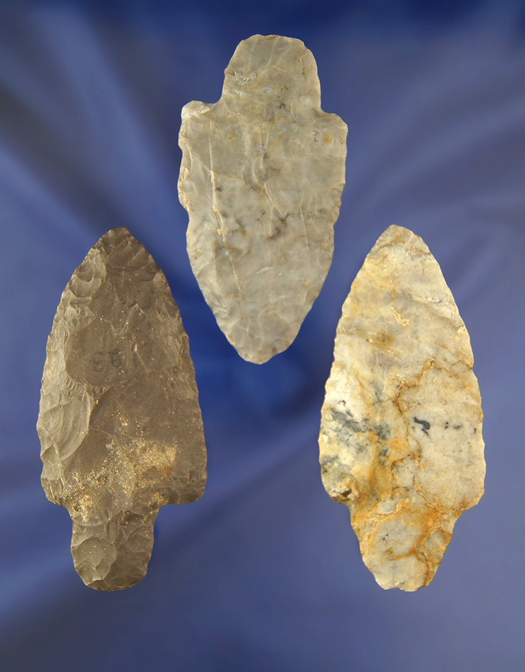 Set of three Flint Ridge Flint Adenas found in Ohio. Largest is 3 1/2".