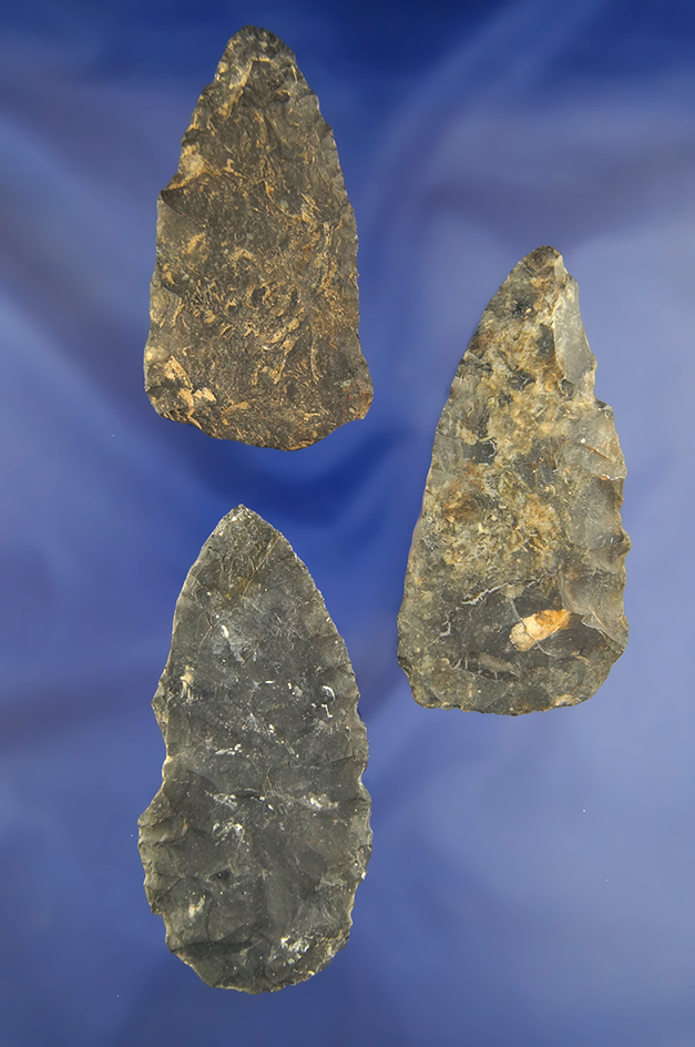 Set of three Coshocton Flint Knives found in Ohio, largest is 3 7/16".