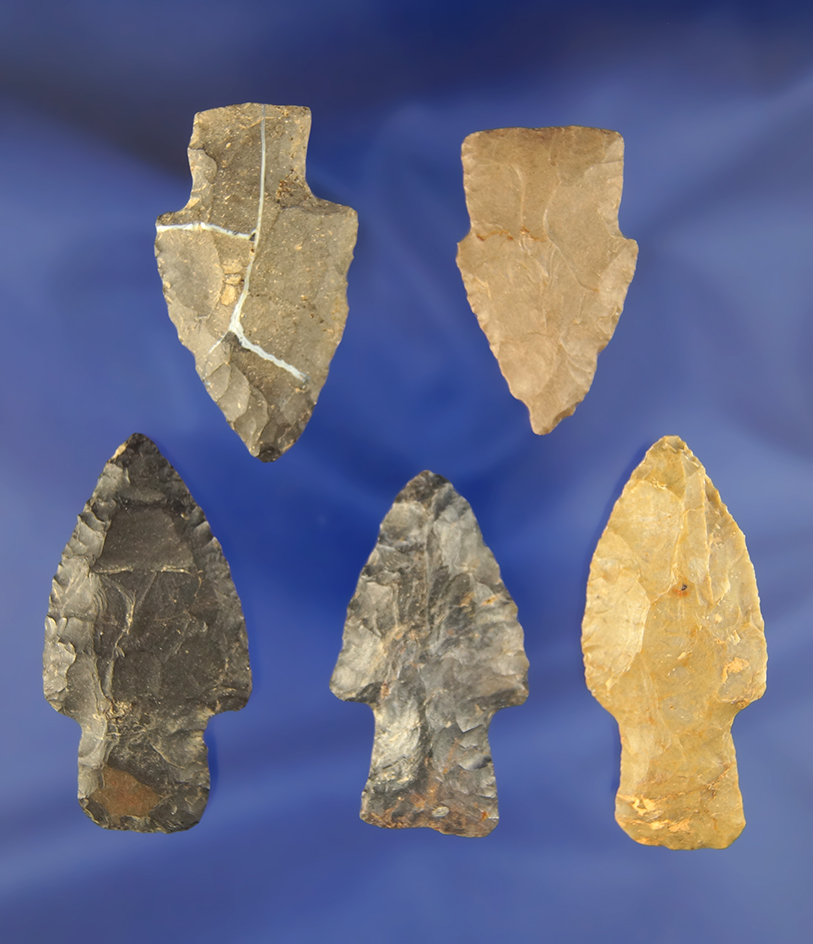 Set of 5 Archaic Stemmed points found in Ohio, largest is 2 1/8".