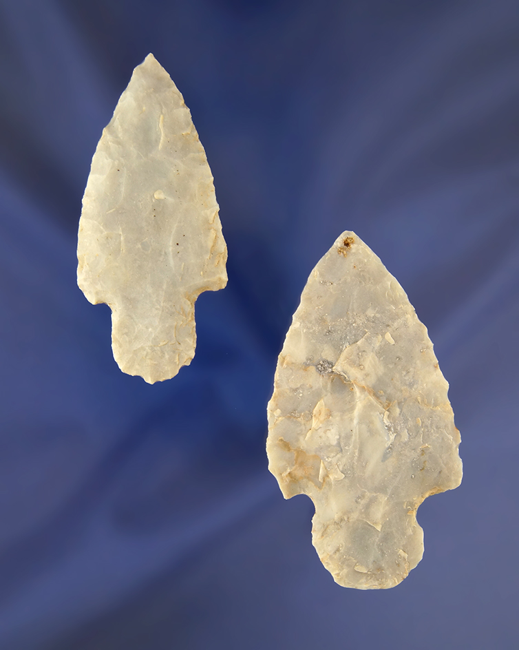 Pair of Flint Ridge Adena Arrowheads, largest is 2 3/4". Found in Ashland Co., Ohio.