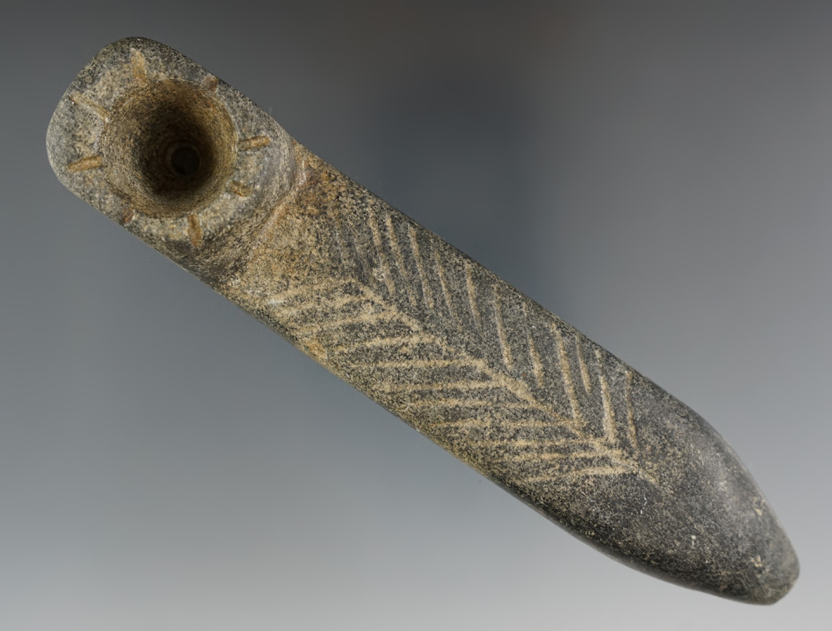 5 7/8" Historic period Stone Pipe with nice design on surface.