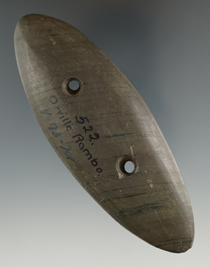 4 3/16" Green Banded Slate Elliptical Gorget found in Ohio. Ex. David Root (#4078s) Jackson COA.