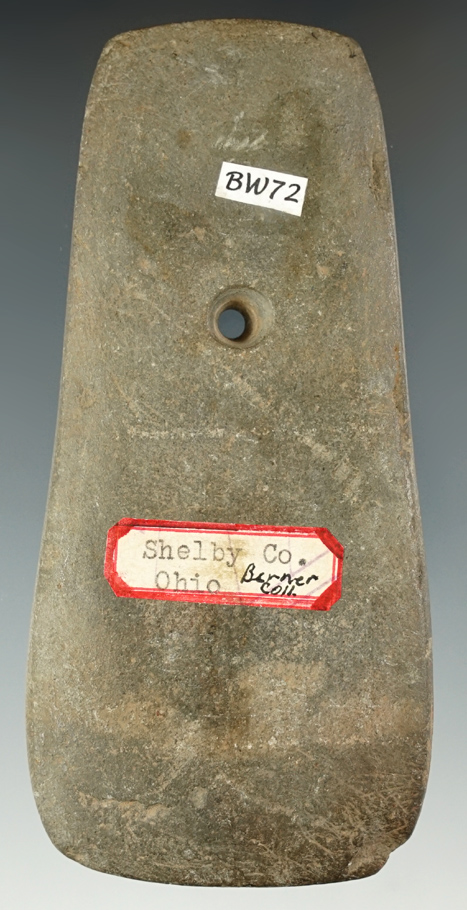 4 3/4" well patinated Trapezoidal slate Pendant found in Shelby County Ohio. Ex. Berner, Waigle.