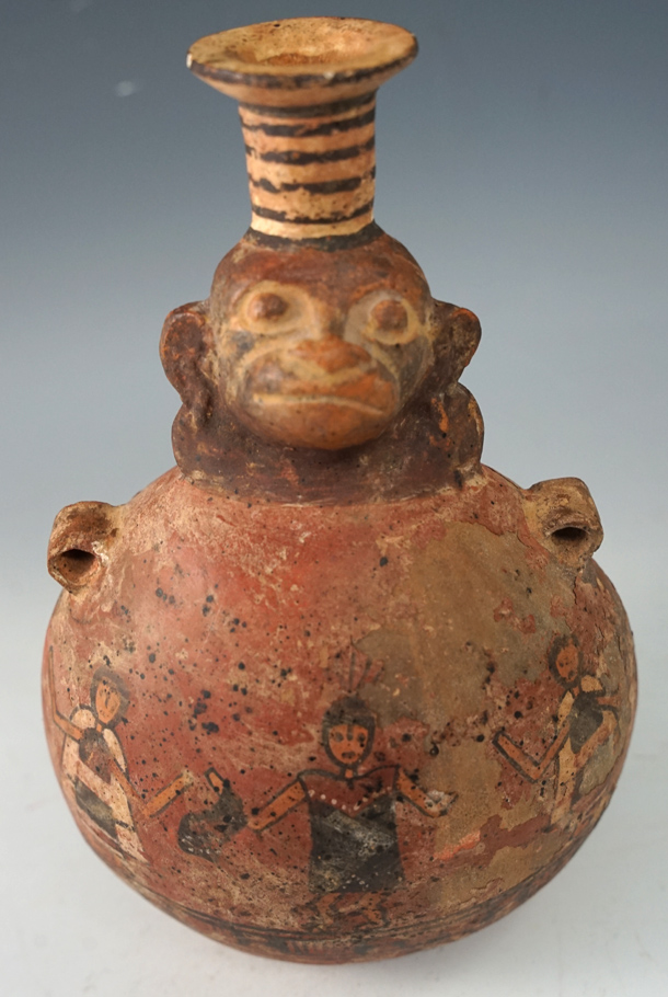 7 1/8" Tall monkey effigy Inca culture pottery vessel with excellent paint depictions. Peru.